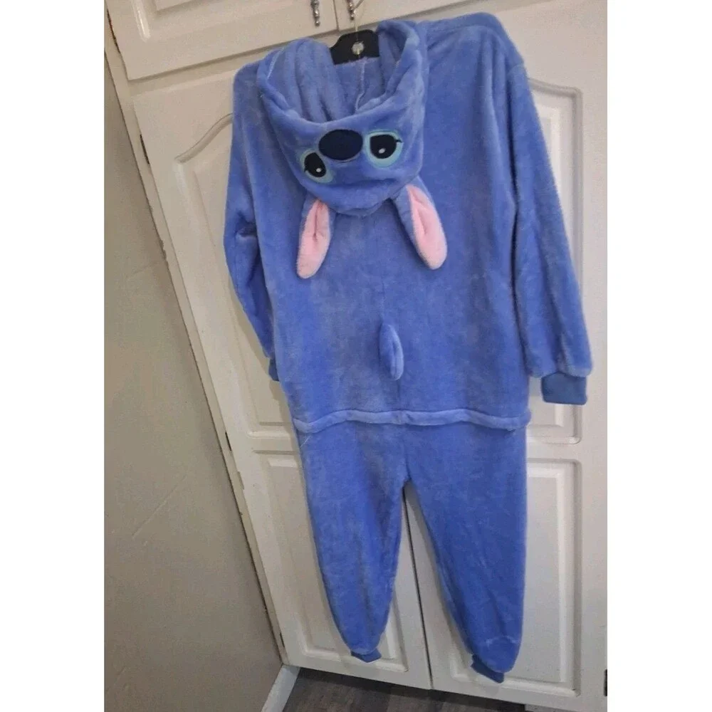 Stitch Costume Kids Size  7/8 Years Blue Fleece Hooded One Piece